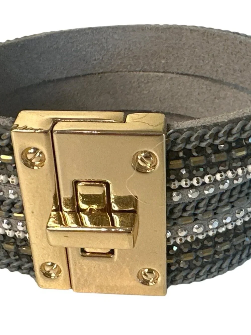 Beaded Wrap Bracelet Turnlock Clasp Gray Faux Leather & Metallic Studs Goth